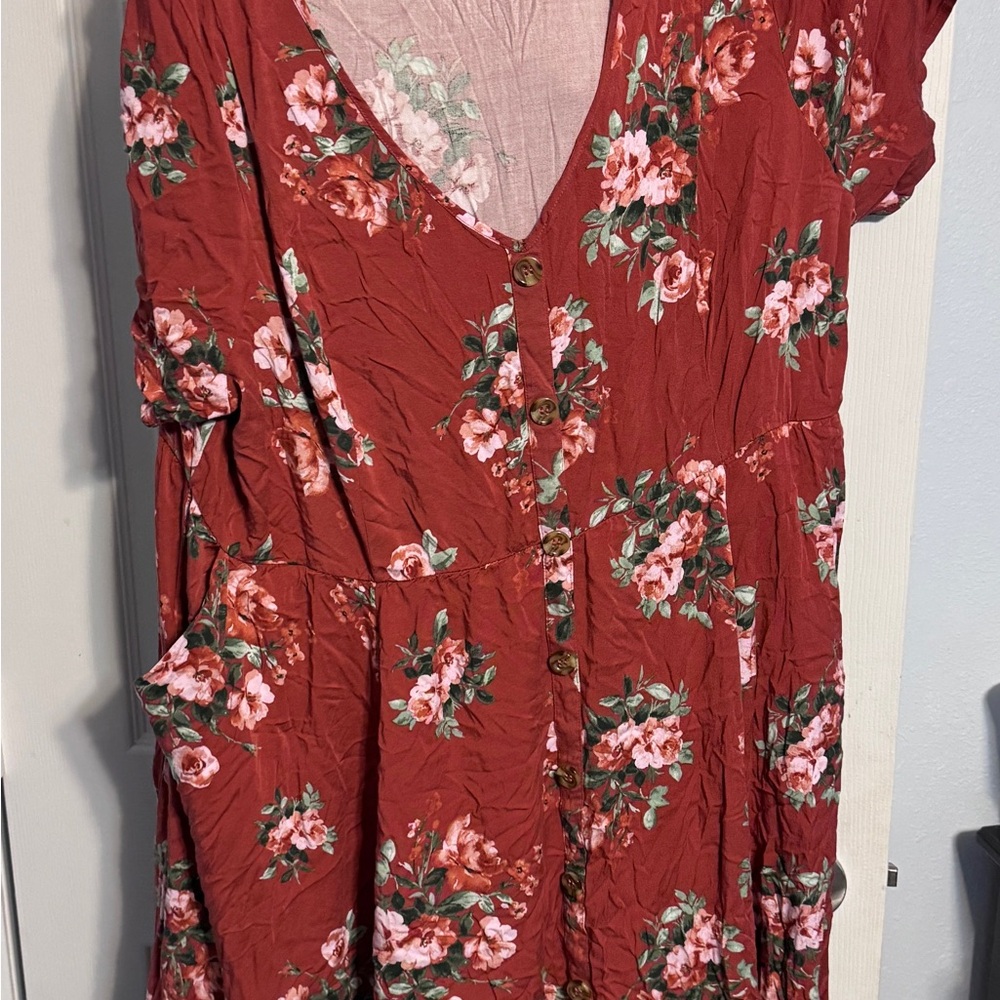 GUS Torrid 4 (24/26) Burnt Orange Floral Dress Buttons and Maxi Skirt Pockets - Picture 3 of 4
